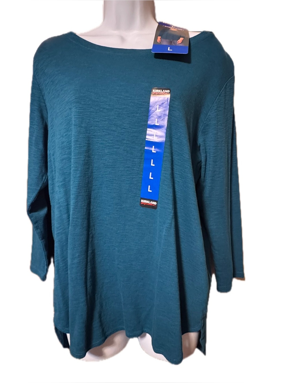 NWT Kirkland Signature Women’s 100% Cotton Slub 3/4 Sleeve Top L Teal Blue
